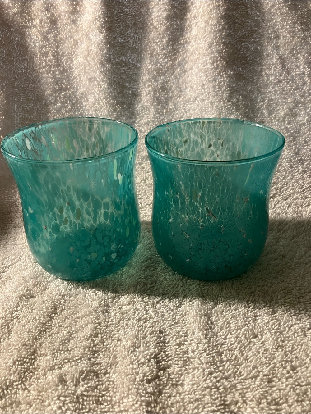 2 Anthropologie Turquiose Glasses Speckled 3 3/4”